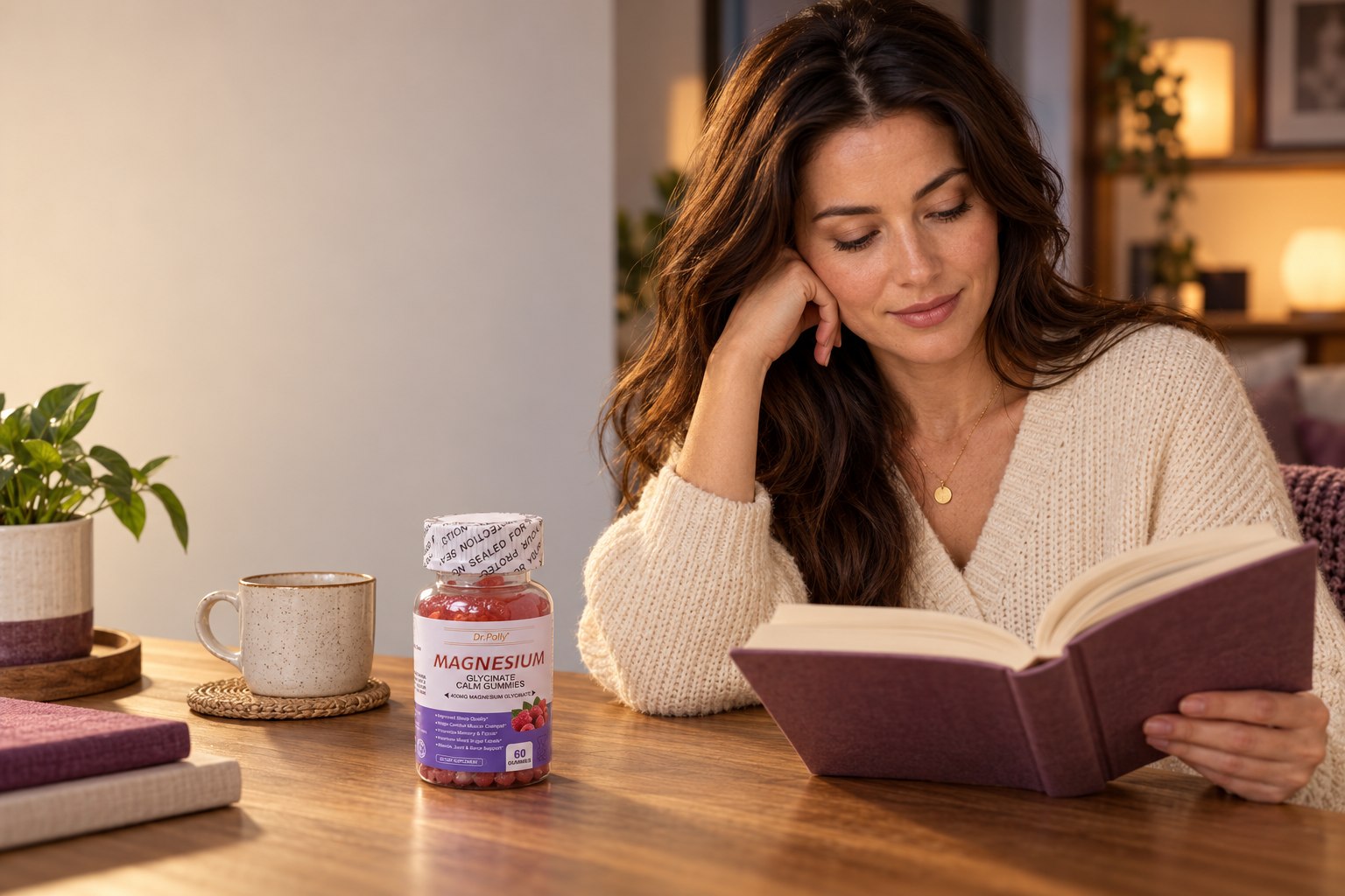 Illustrative adult woman reading at home with a Dr.polly bottle on the table