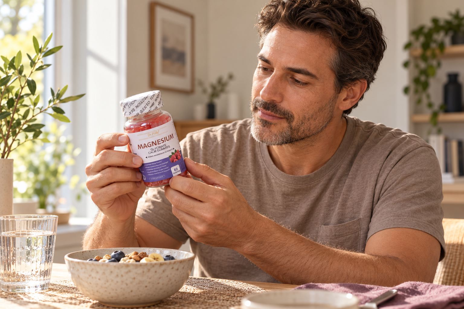 Illustrative adult checking a Dr.polly bottle label before use