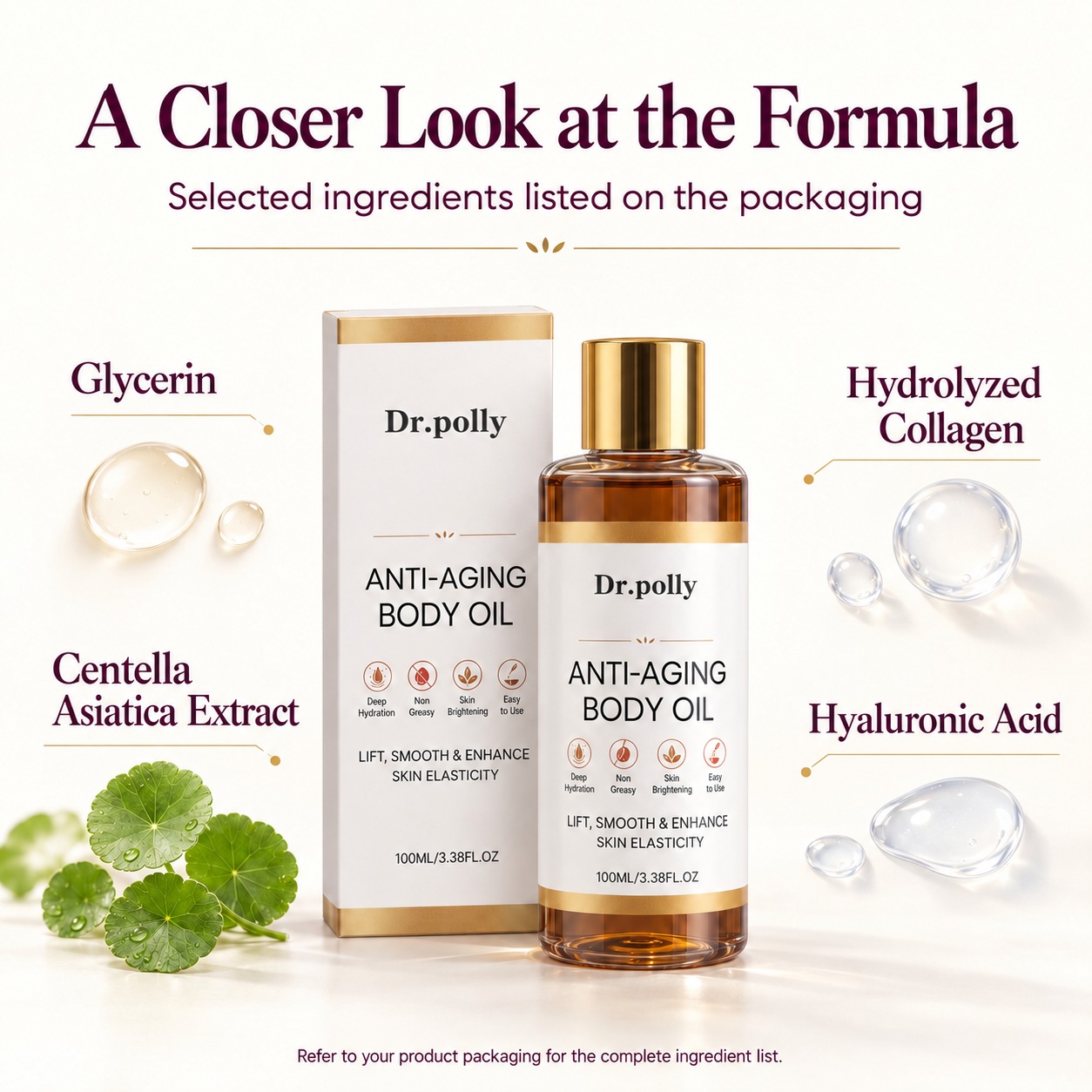 Selected ingredients listed on Dr.polly Body Oil packaging