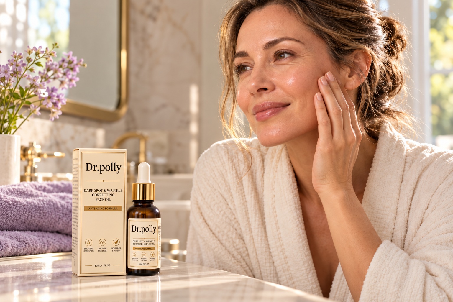 Illustrative adult skincare routine with Dr.polly Face Oil