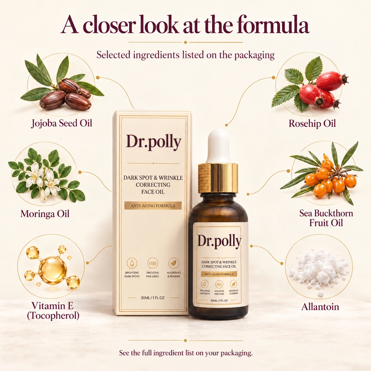 Selected ingredients listed on Dr.polly Face Oil packaging