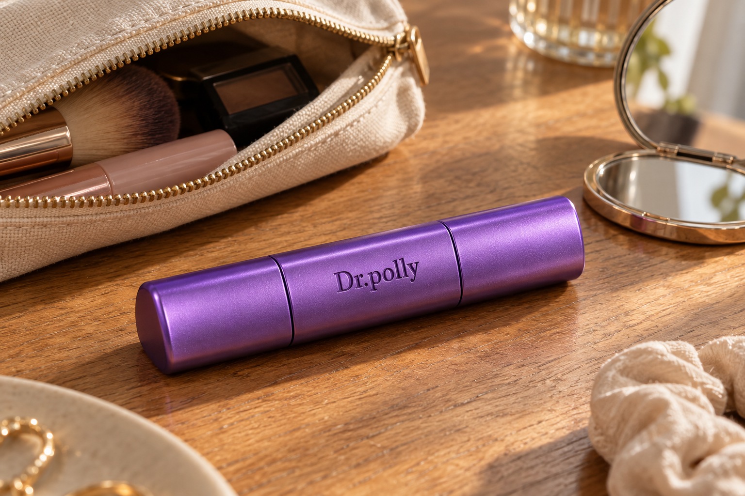 Purple Dr.polly foundation stick beside an everyday makeup pouch and compact mirror