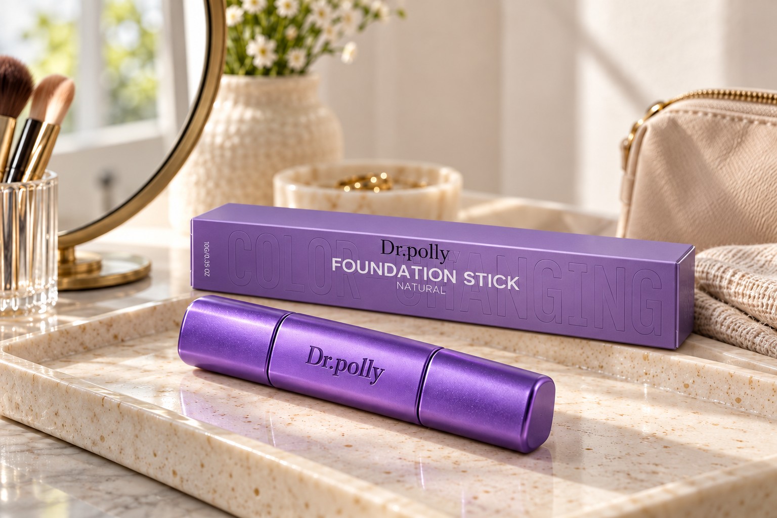 Purple Dr.polly foundation stick and matching carton on a morning vanity tray