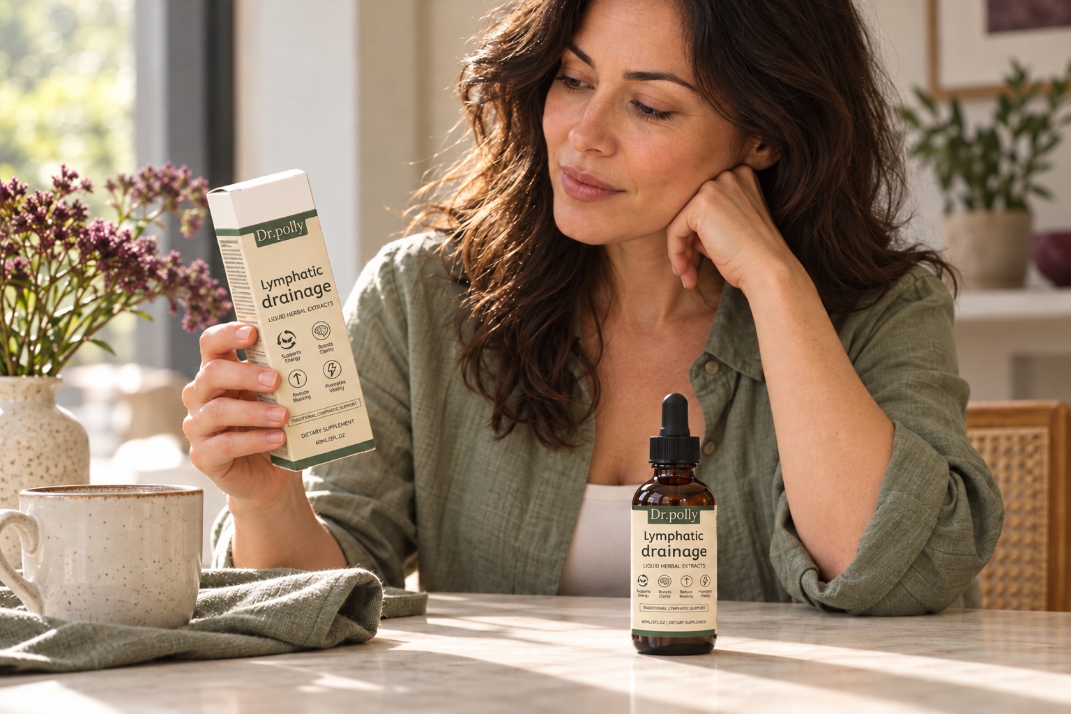 Illustrative adult reading the Dr.polly product carton at home