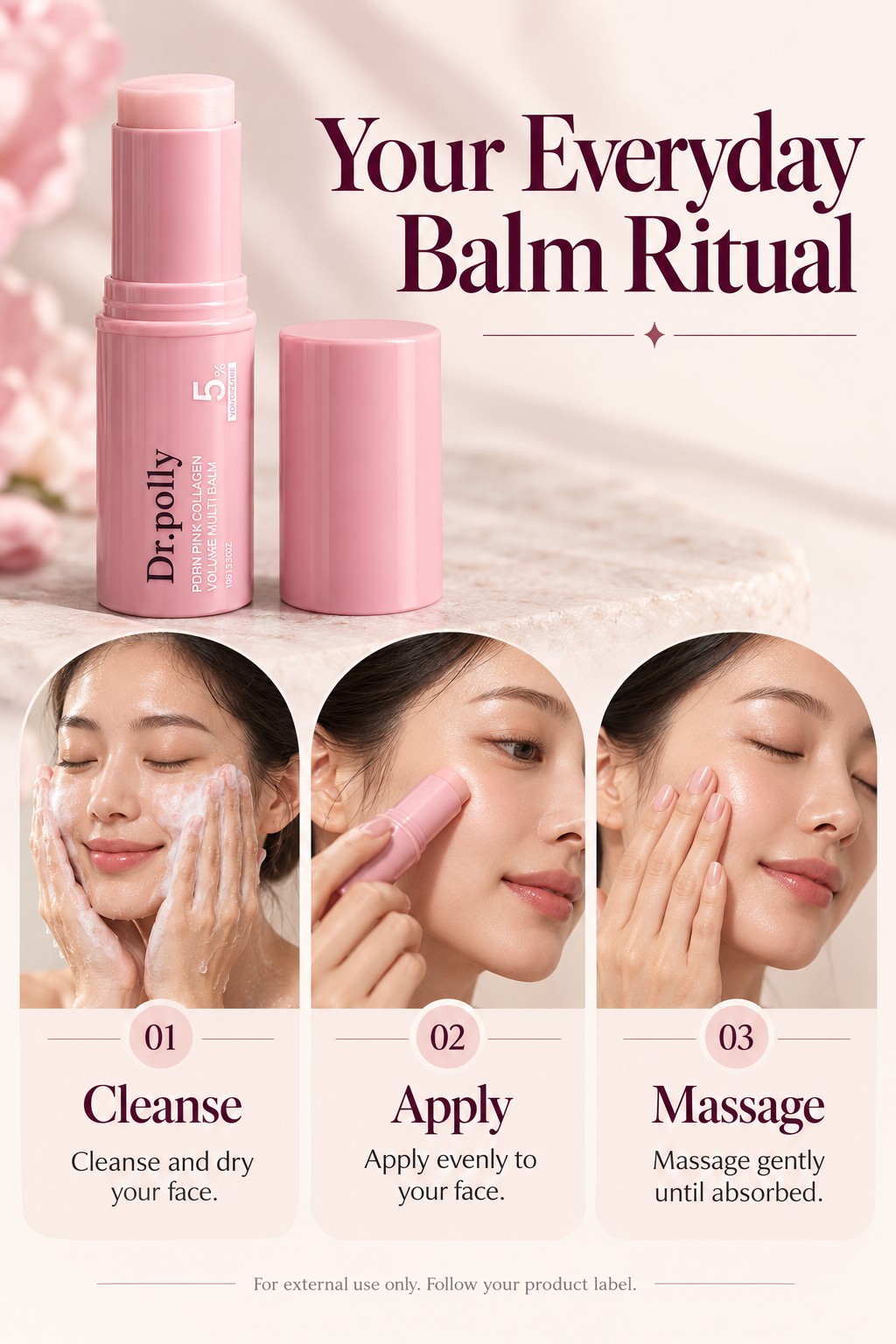 Illustrated three-step guide: cleanse, apply, massage