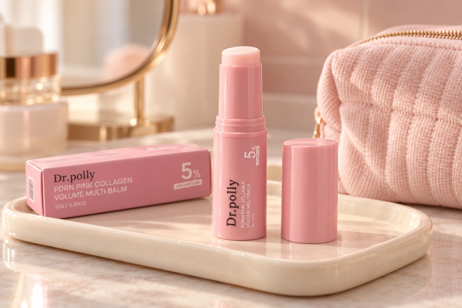 Pink multi balm on a cream vanity tray
